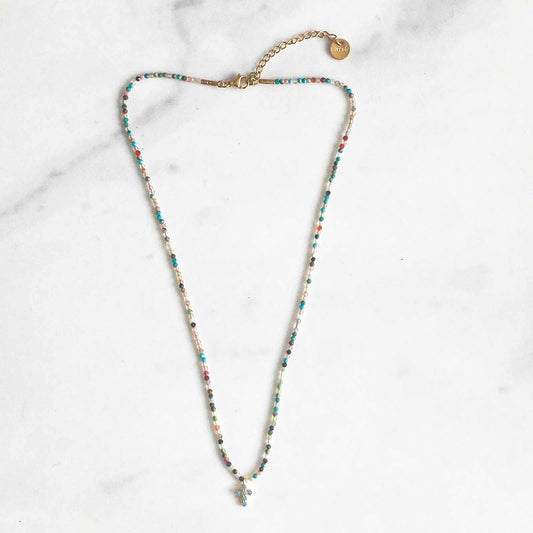 Collier mini pierres turquoise croix